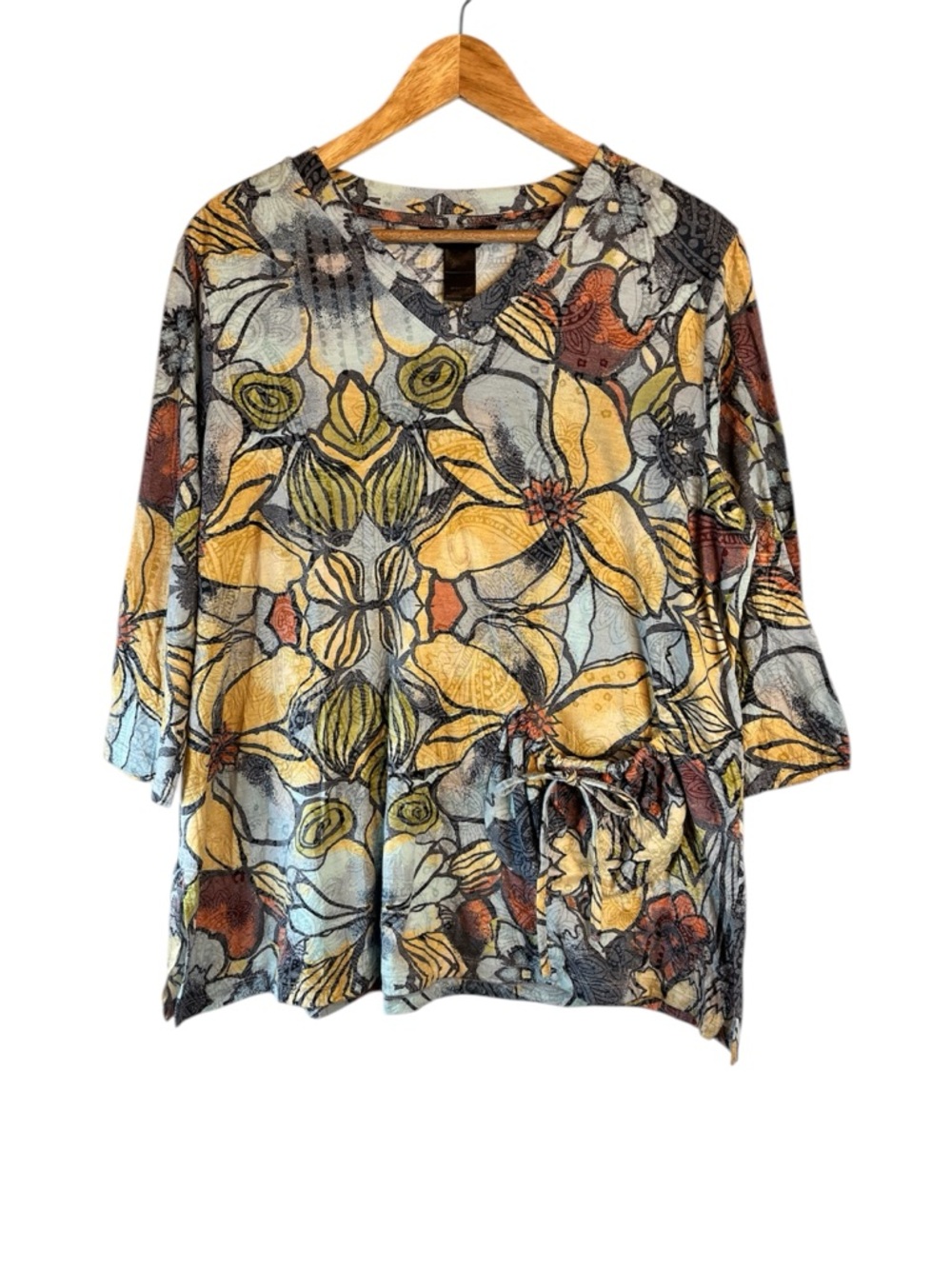 Ali Miles Floral V-Neck Pocket Crinkle Art To Wear Print Artsy Boho Tunic Top L